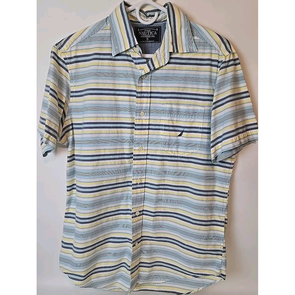 Nautica Striped Button Down Shirt Size Small Yellow Baby Blue Yacht Rock Boating